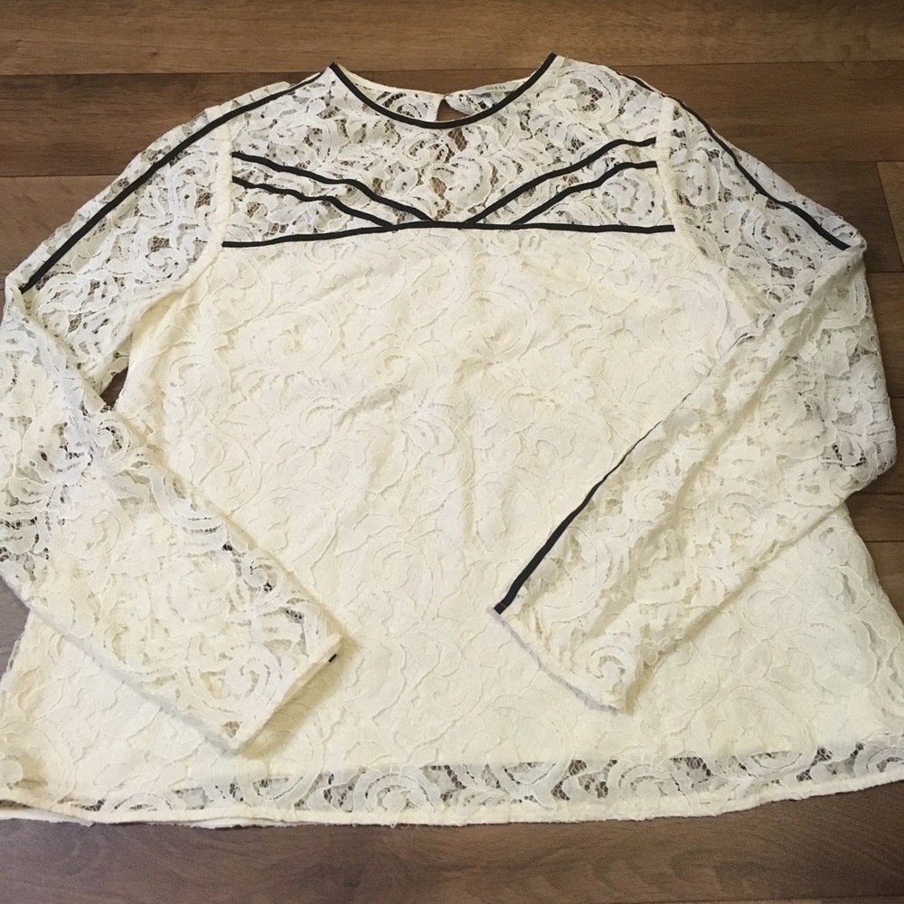 Guess Cream Lace Long Sleeve Blouse with Black Trim
